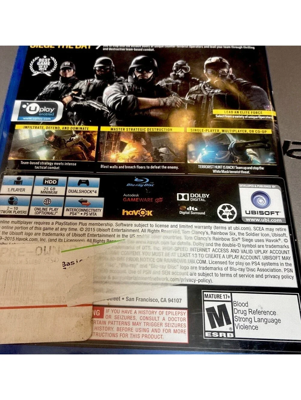 Tom Clancy's Rainbow Six Siege - Sony PlayStation 4,Rated Mature,PSA,17+